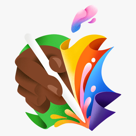곡선을 그리며 접힌 초록색, 노란색, 주황색, 파란색 종이가 Apple 로고 형태를 이룹니다. 로고 안쪽에는 Apple Pencil을 쥔 크리에이터의 손이 그림을 그리는 자세를 취하고 있습니다. Apple Pencil 팁이 로고 아래쪽에 닿아 있고, 닿은 부분에서 주황색과 분홍색 물결이 위로 튀어 오릅니다. Apple 로고의 꼭지 부분이 분홍색, 파란색, 보라색이 섞인 물방울 모양으로 사과 모양 로고 위에 떠 있습니다.