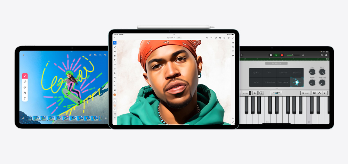 一部 iPad 和兩部 iPad Air 展示 FlipaClip、Adobe Fresco 和 GarageBand app。