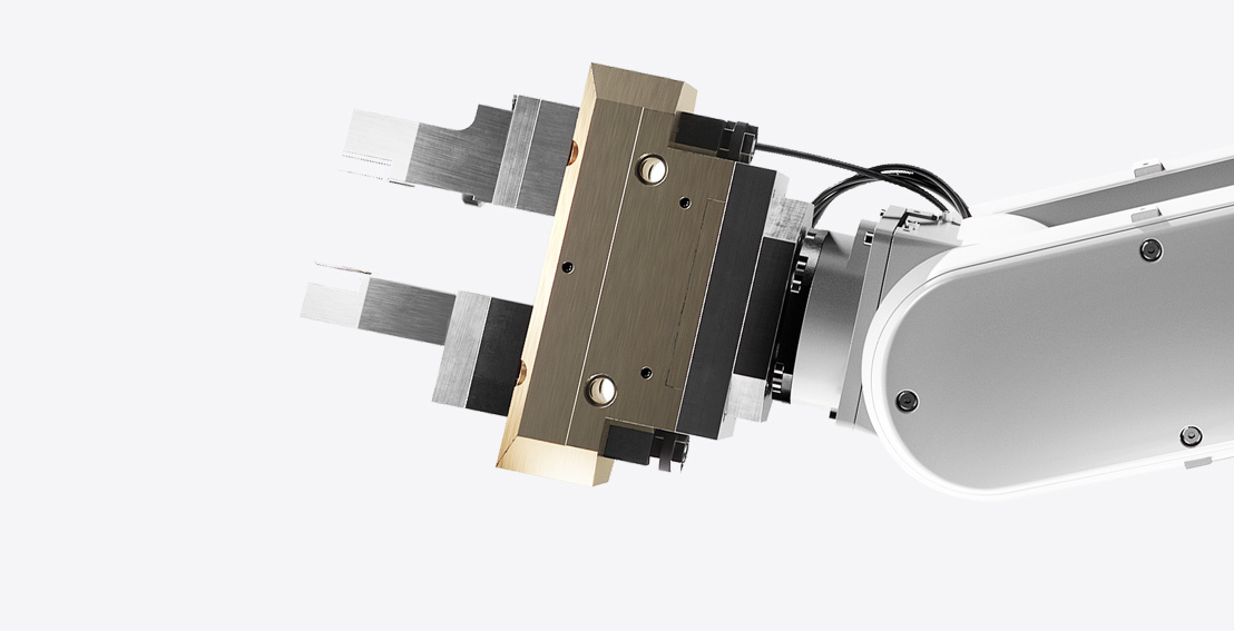 Az Apple egyik úttörő jellegű szétszerelő robotjának futurisztikus karja és fogókeze.