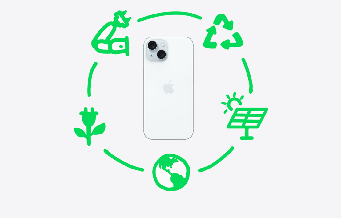 Uma ilustração divertida em verde de cinco ícones ambientais diferentes circundando um iPhone.