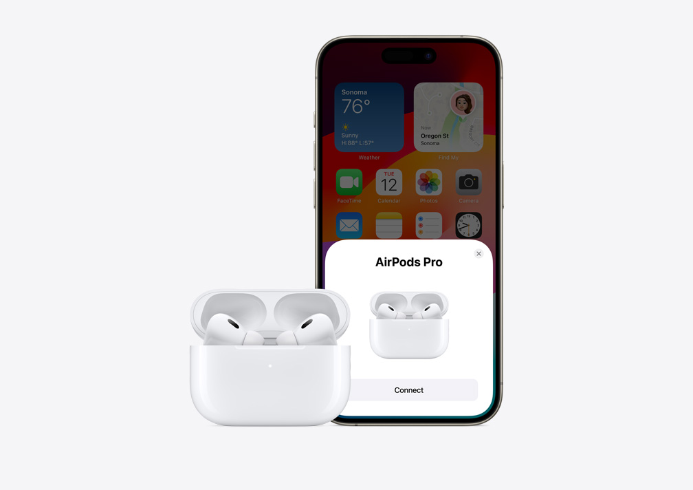 Vaizdas, kuriame parodytas paprastas „AirPods“ ausinių nustatymas vienu bakstelėjimu naudojant „iPhone“.