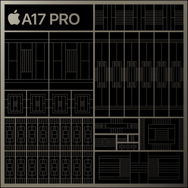 Ilustração estilizada de um processador A17 Pro