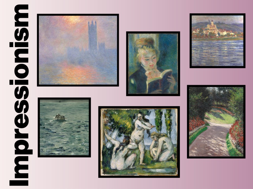 a grid of well-known Impressionist artworks on a purple gradient background