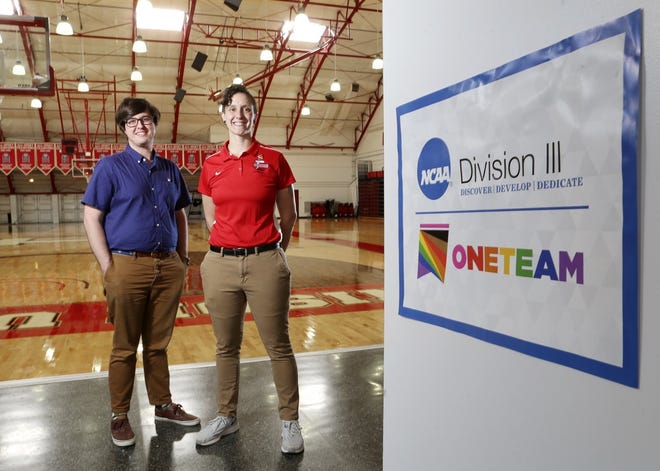 Kenyon's Timothy Bussey and Denison's Kayla Hayes are the first and only facilitators in Ohio to be trained in the NCAA's new LGBTQ One Team initiative. The program aims to help athletics staff be more educated and more supportive of challenges that their LGBTQ+ student-athletes might face - like locker room harassment or stress around gender transitions. Bussey and Gordon are helping DIII coaches in Ohio and Pennsylvania better navigate these situations and build inclusive team environments.October 24, 2019 at the Mitchell Athletic Center at Denison.[Eric Albrecht/Dispatch]