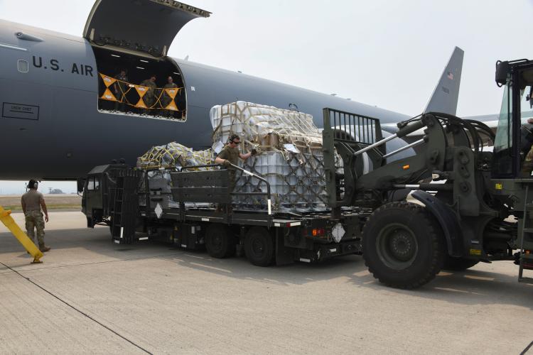 Airmen from the 612th Air Base Squadron, Joint Task Force-Bravo, offload almost 26,000 pounds of cargo from a KC-46A Pegasus assigned to the 931st Air Refueling Wing, McConnell Air Force Base, Kan., as part of the Denton Program at Soto Cano Air Base, Honduras, May 8, 2024. As of this year, the 612th ABS has received 148 tons of Denton Program-related deliveries. (U.S. Army photo by Martin Chahin)