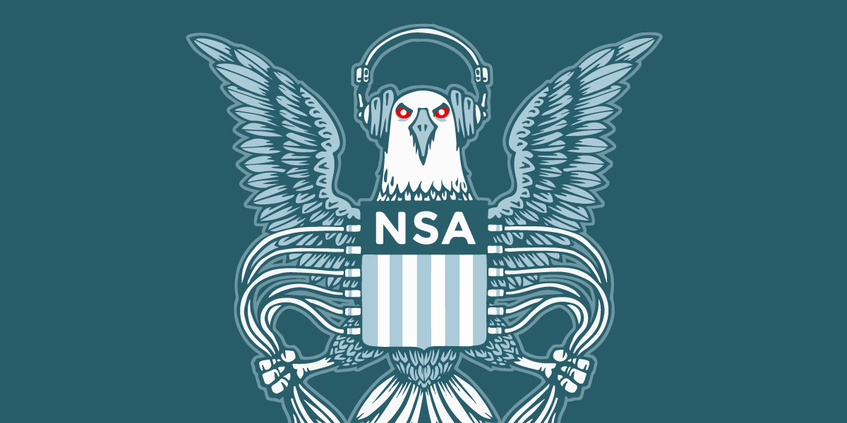Bald Eagle bearing NSA crest, wearing headphones and gripping cables