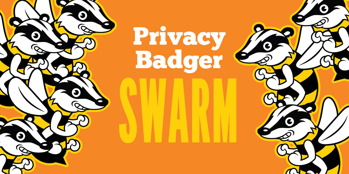 A swarm of badger bees surrounding the words Privacy Badger SWARM in the center