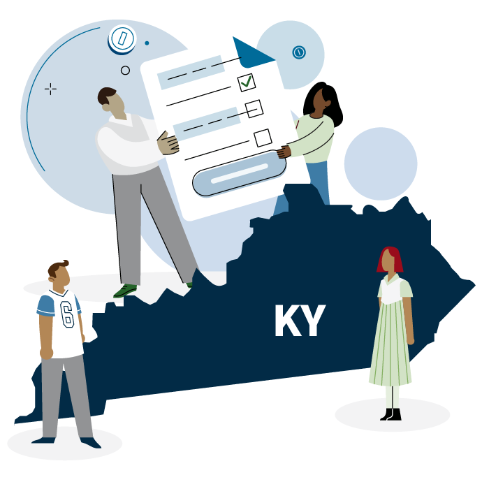Four people standing around an outline of Kentucky. Two of the four are holding an application.
