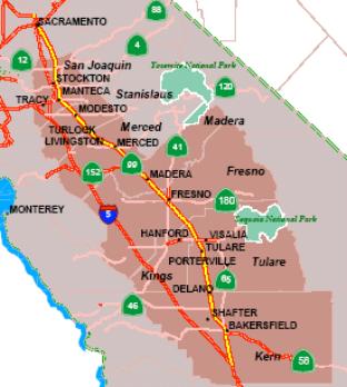 The map shows CA-99 in the San Joaquin Valley, from the Sacramento-San Joaquin County line in the north to the southern terminus at I-5 in Kern County. CA-99 traverses 274 miles as it links seven of the eight counties in the San Joaquin Valley (from south to north): Kern, Tulare, Fresno, Madera, Merced, Stanislaus, and San Joaquin.