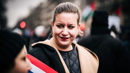 La députée de La France insoumise (LFI) Mathilde Panot, lors d'une manifestation de soutien au peuple palestinien, le 13 janvier 2024, à Paris. (XOSE BOUZAS / HANS LUCAS / AFP)