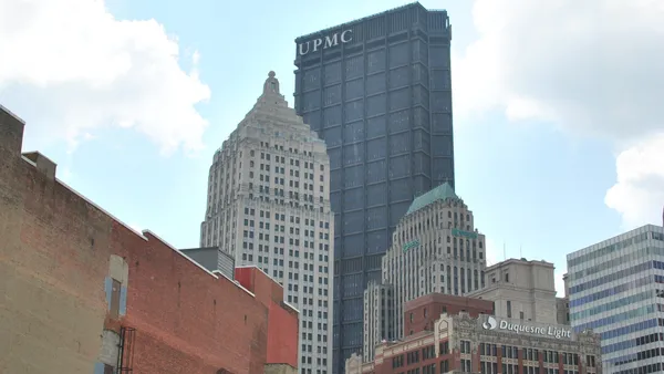 A photo showing downtown Pittsburgh's UPMC hospital building