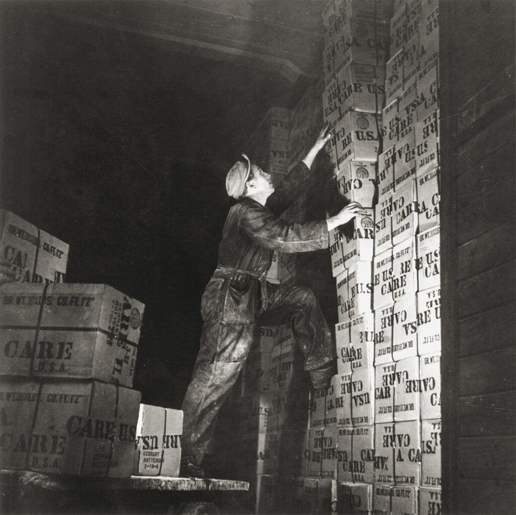 Photo of ‘Care’ packets from America in temporary storage during the Berlin Airlift.