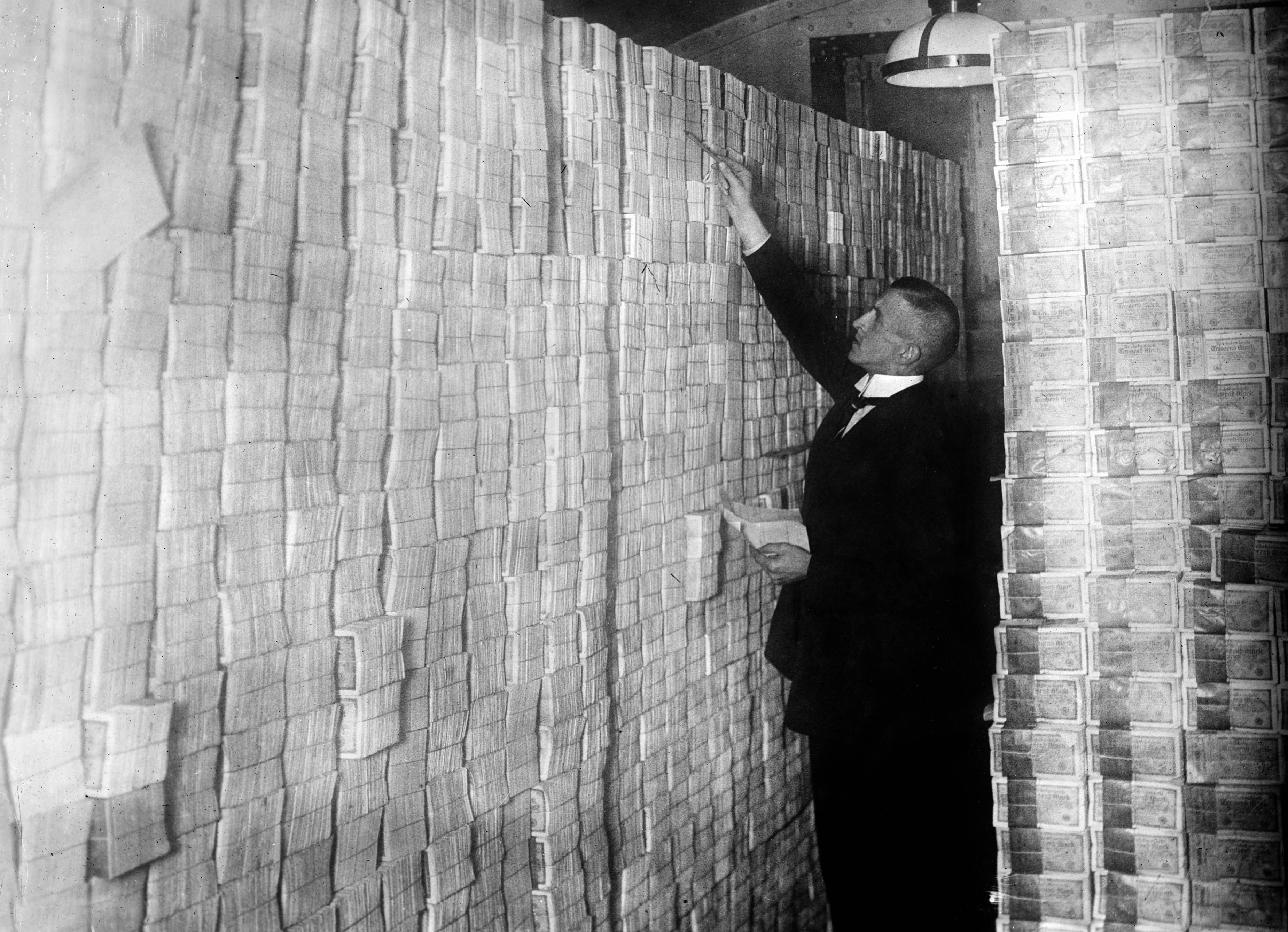 Stacks of banknotes in a Berlin bank during the hyperinflation in 1920s Germany