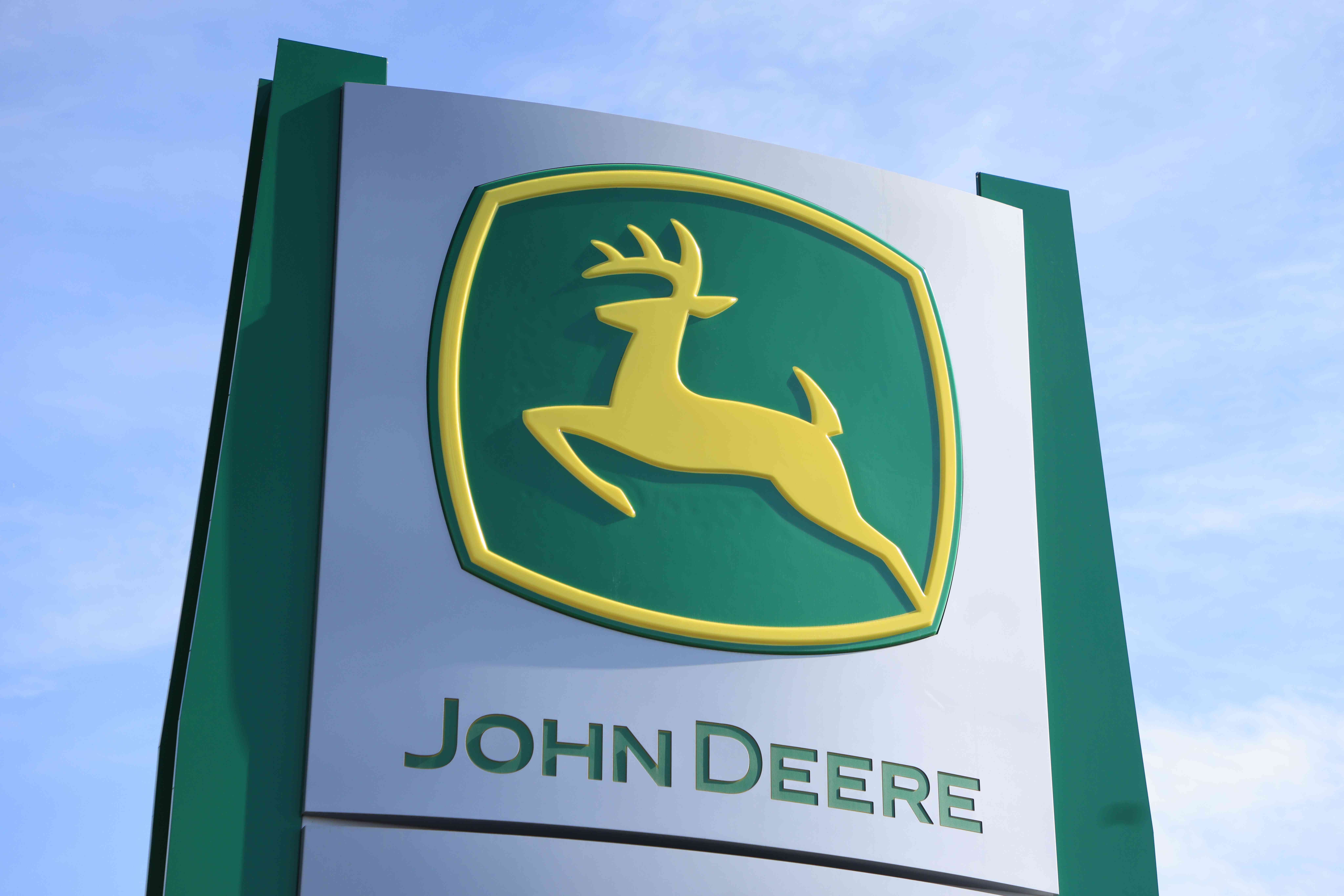 John Deere signage at the World Agriculture Expo in Tulare, California, on Feb. 13, 2024