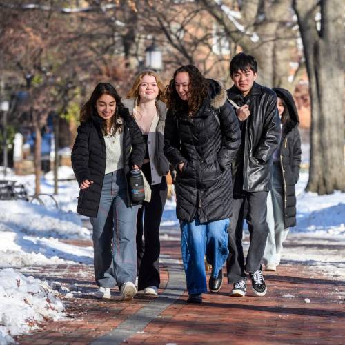 Five students in winter coats walk on a brick pathway with snow on either side of them
