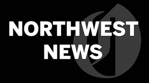 A black graphic design image with an "O" that says "Northwest news" in all capital letters.