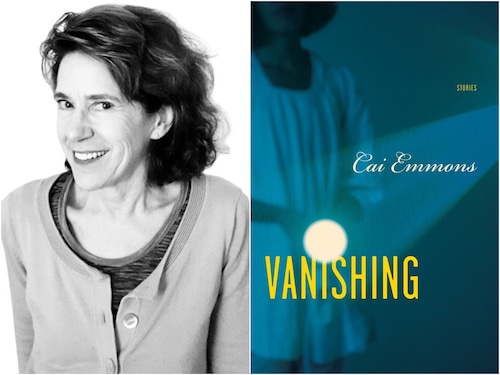 A black and white photo of a woman smiling sideways at the camera is paired with the cover of the book Vanishing which shows a woman in a nightgown holding a flashlight