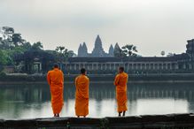 Buddhist monks in front of Angkor wat temple, Cambodia