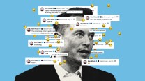 A photo illustration of Elon Musk surrounded by screenshots of his tweets and laughing/crying emojis.