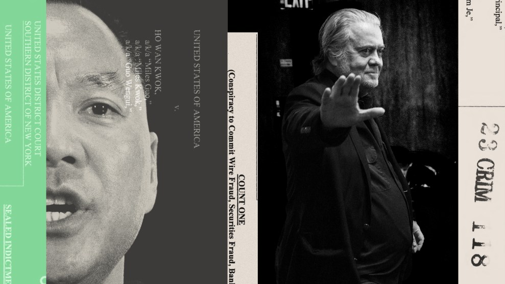 A collage with documents submitted by the prosecution paired with images of Guo Wengui and Steve Bannon.