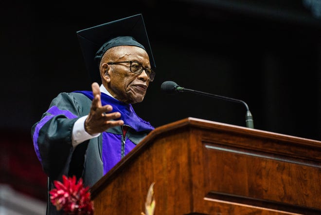 Civil rights lawyer Fred Gray speaks to graduates and their families after being awarded an honorary doctor of laws degree during the University of Alabama School of Law graduation ceremony at Coleman Coliseum, Sunday May 8, 2022. [Photo/Will McLelland]