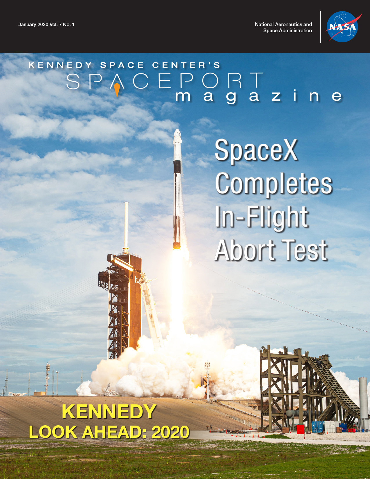 Cover of Spaceport Magazine, January/February 2020 issue, featuring SpaceX In-Flight Abort Test.