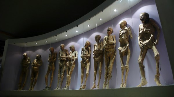 FILE - Mummies are displayed in the Mummy Museum in Guanajuato, Mexico, Saturday, Nov. 1, 2008. In Mexico, the federal archaeology agency accused the conservative government of Guanajuato state on Monday, May 27, 2024, of mistreating one of the country’s famous mummified 19th century bodies. (AP Photo/Daniel Jayo, File)