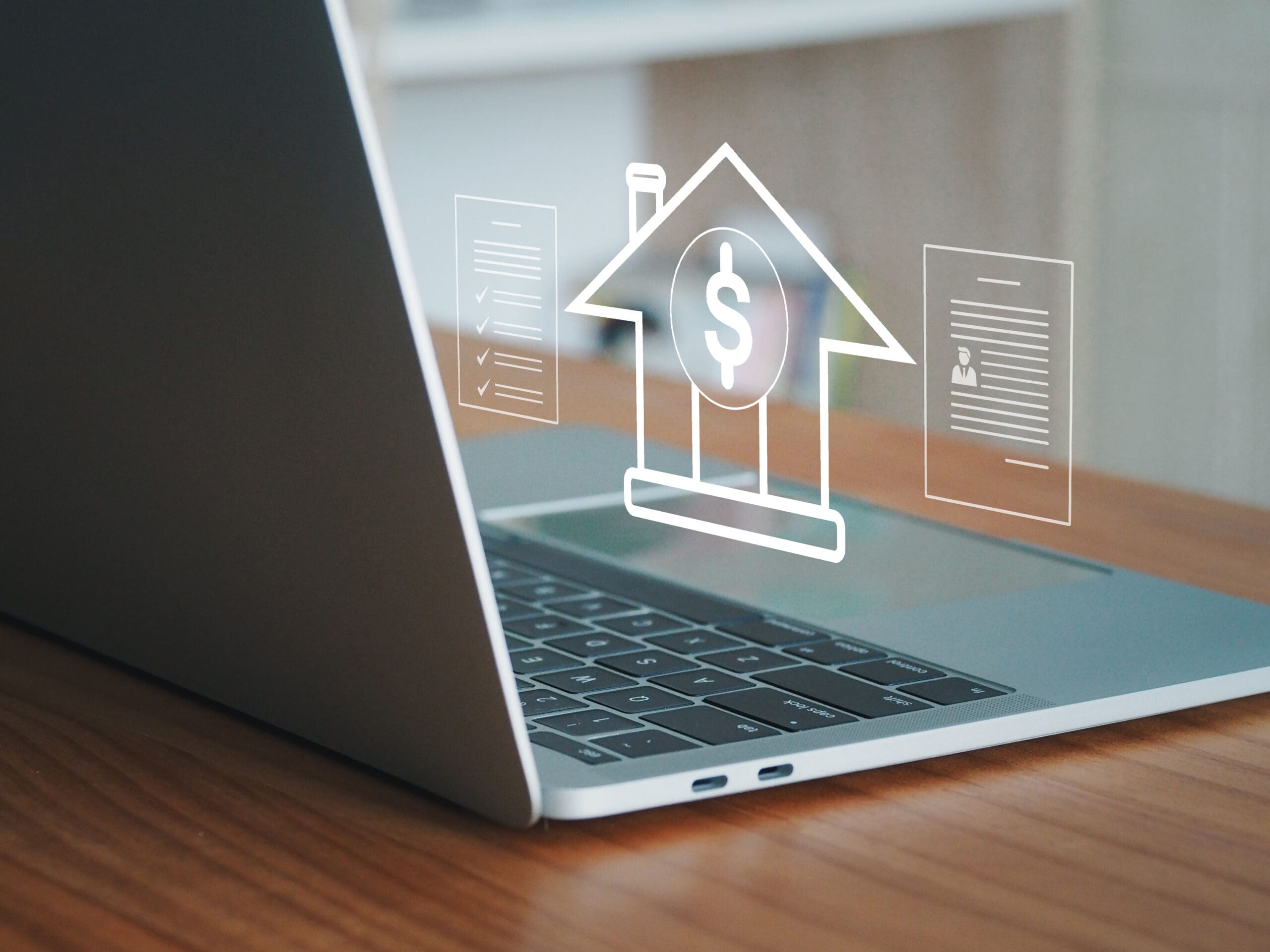 Real estate investment, businessman or online house broker reviewing real estate transaction documents to make a profit in the future on the screen like real digital