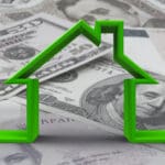 Green house outline on black-and-white money background, three-dimensional rendering