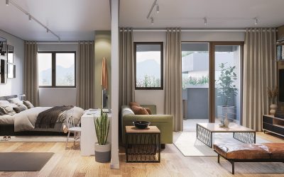 Interior Render of The Meade, Bedroom and Living