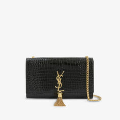 Кожаная сумка через плечо Kate среднего размера с цепочкой и кисточками Saint Laurent, цвет noir
