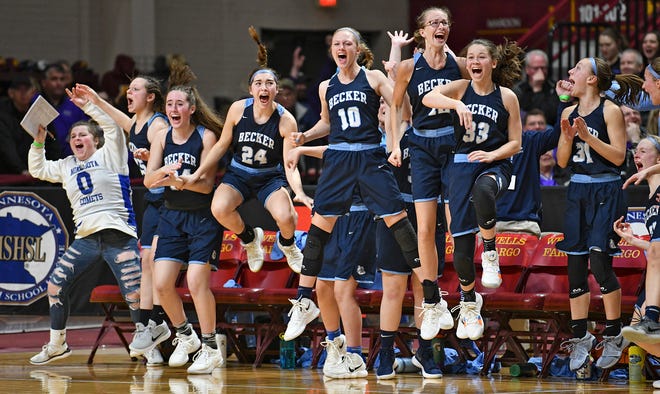Becker players react to their team’s last-second basket against Marshall for the 68-67 win in the state Class-3A quarterfinals Wednesday, March 13, in Minneapolis.