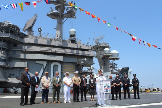 LA officials and military dignitaries aboard the USS Carl Vinson on Wednesday, May 22, to kick off LA Fleet Week 2024. (Photo by Christina Merino, Daily Breeze/SCNG)

