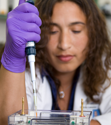 A researcher holds a syringe as she performs a test