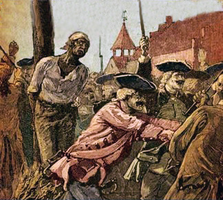 black man about to be burned at stake; redcoats pushing people back