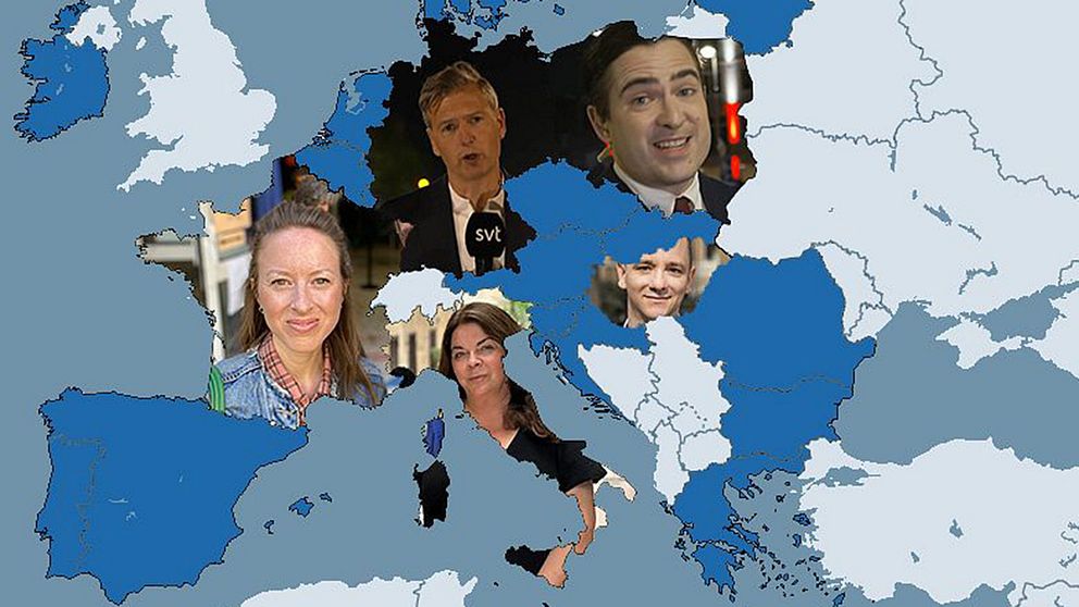 En karta över EU med SVT:s utsända i varje land
