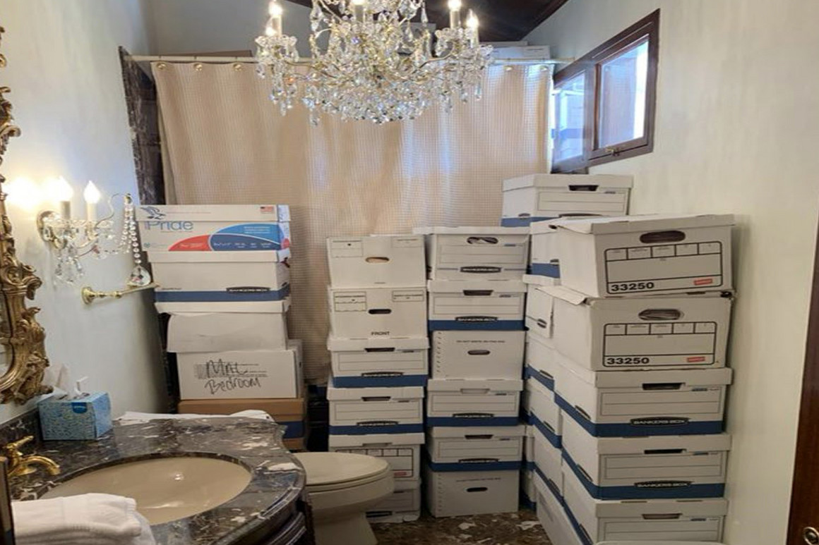 Boxes of records are seen stored in a bathroom and shower in the Lake Room at Trump's Mar-a-Lago estate.