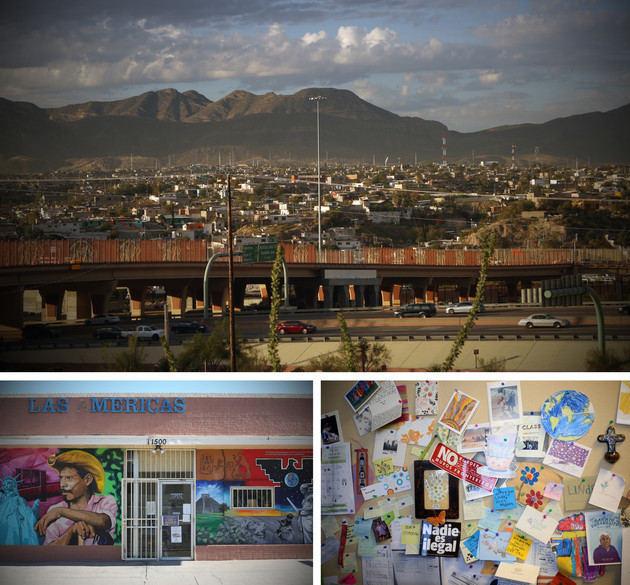 ON THE BORDER: El Paso, Texas, and Ciudad Juárez in Mexico are separated by the Rio Grande river – and the U.S.-Mexico border wall. Bottom left, Las Americas Immigrant Advocacy Center in El Paso, Texas, takes on undocumented migrant cases. Below right, notes appear on a wall at the advocacy center.