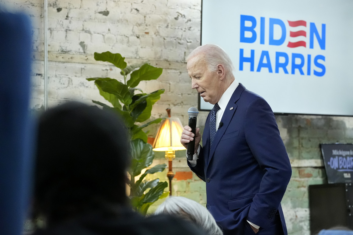 President Biden speaks with supporters during a campaign stop in Detroit on Sunday. 