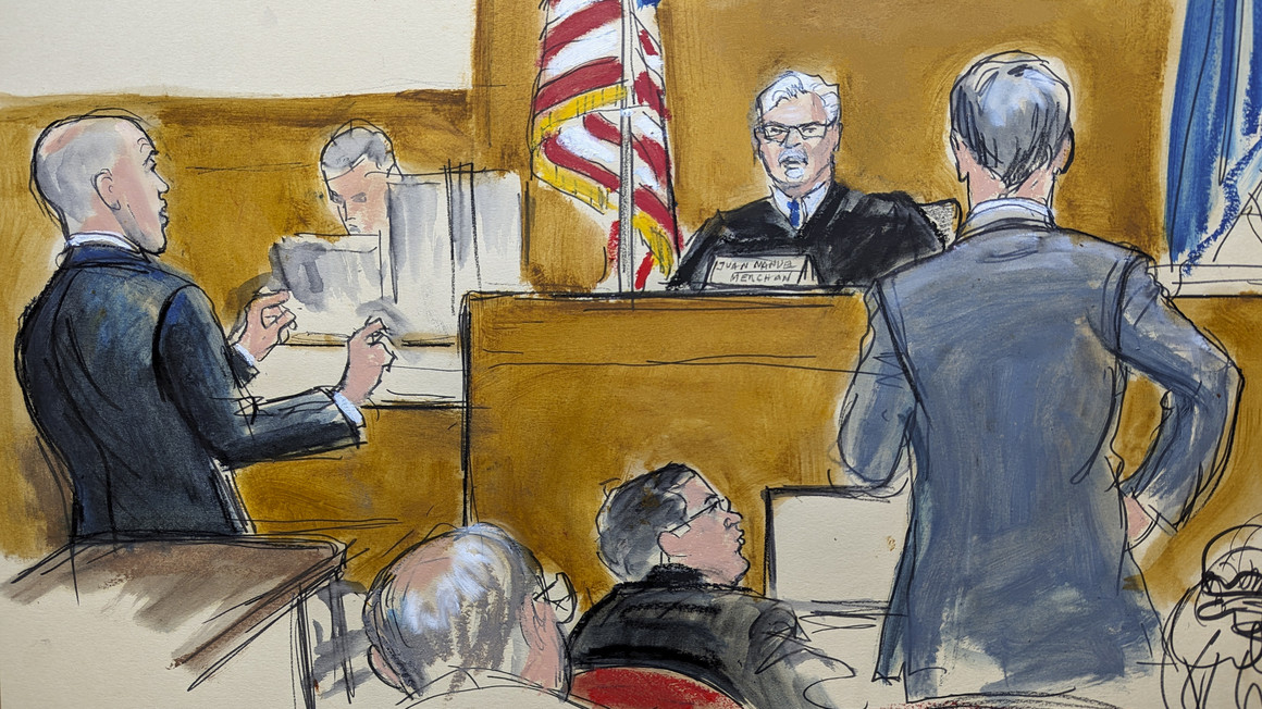 In this courtroom sketch, former President Donald Trump's defense attorney Emil Bove (left) and assistant district attorney Matthew Colangelo (right) argue various points.