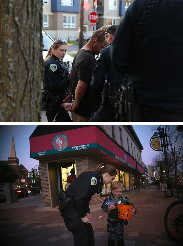 TWO SIDES OF THE JOB: Top, Madison Police Officer Natalie Deibel leads a handcuffed, inebriated man to a patrol car. Below, she checks out a trick-or-treater's candy stash.