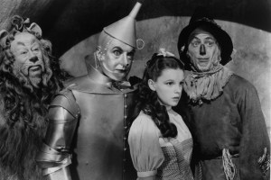 Bert Lahr as the Cowardly Lion, Jack Haley as the Tin Man, Judy Garland as Dorothy Gale and Ray Bolger as the Scarecrow in a scene from the film 'The Wizard Of Oz', 1939. (Photo by Metro-Goldwyn-Mayer/Getty Images)