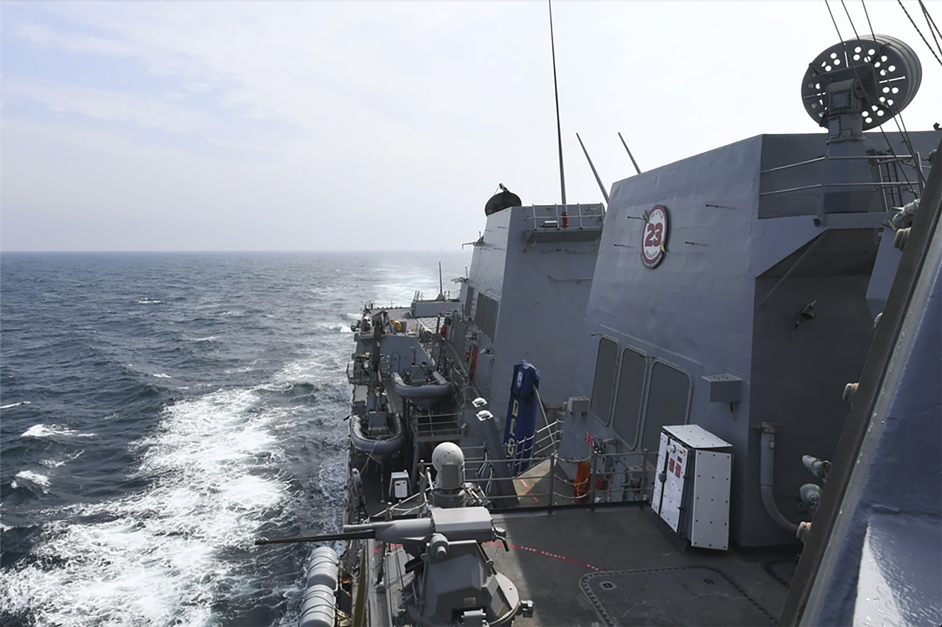 In this photo provided by the U.S. Navy, the Arleigh Burke-class guided-missile destroyer USS Halsey (DDG 97) conducts routine underway operations while transiting through the Taiwan Strait, Wednesday, May 8, 2024. (Mass Communication Specialist 3rd class Ismael Martinez/U.S. Navy via AP)