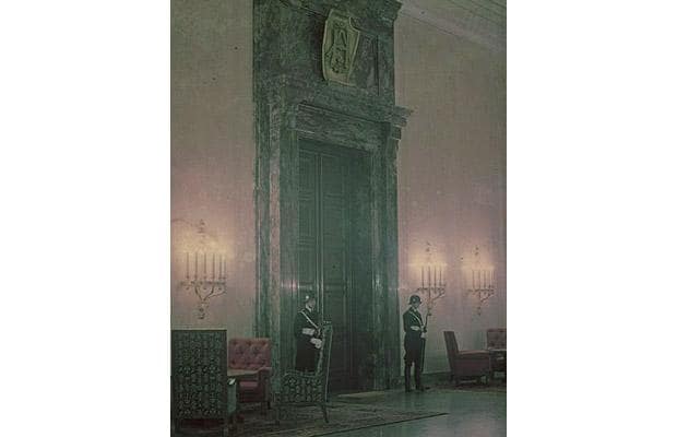 Sentries guard the entrance to Adolf Hitler's office in the Chancellery. Hitler was obsessed with oversized architecture and overly grand monuments that would awe and humble any visitor on January 1st, 1939