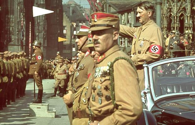 Hitler salutes German troops in Adolf Hitler Platz on September 1st, 1938.