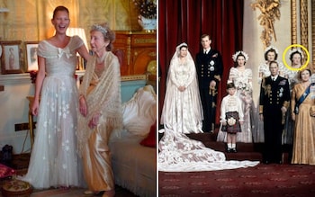 Kate Moss and Lady Elizabeth Longman, whose bridesmaid's dress the model wore in 2012. Right, Lady Elizabeth at the late Queen's wedding in 1947