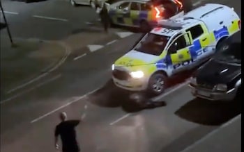 Officers pin a runaway cow under their car in  Staines-upon-Thames, Surrey