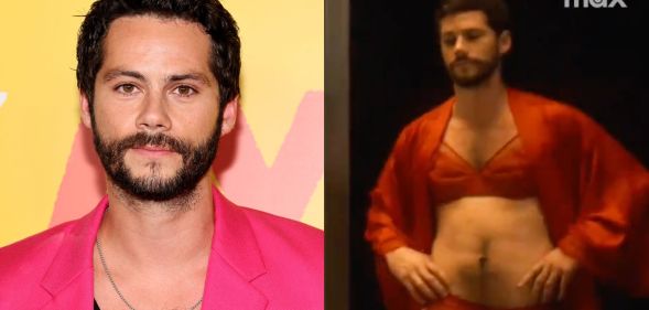 Dylan O'Brien on a red carpet (left) and in lingerie in Fantasmas (right)