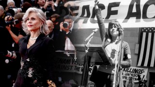 Jane Fonda in Cannes this month, left, and at a peace rally in the 1970s