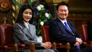 Kim Keon-hee and President Yoon on a state visit to Britain last year. The couple face increased scrutiny after Yoon’s party lost in elections last month